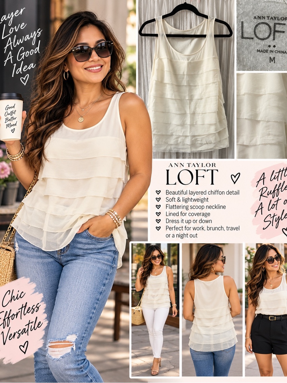 LOFT Cream Layered Chiffon Scoop Neck Tank Top